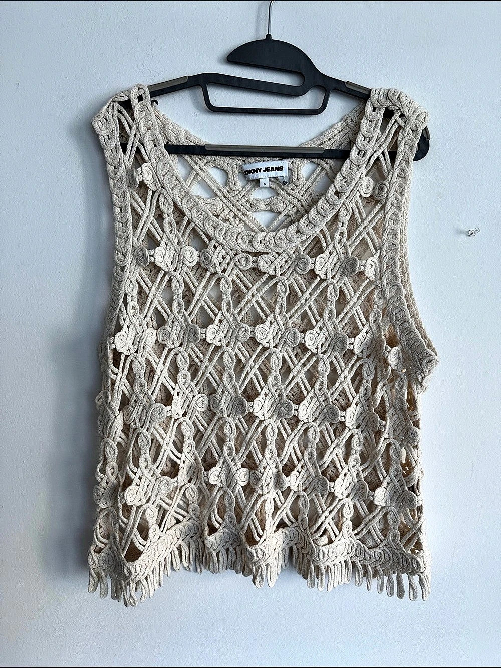 NWOT DKNY Jeans Crochet Fringe Tank Top in Cream Size XL